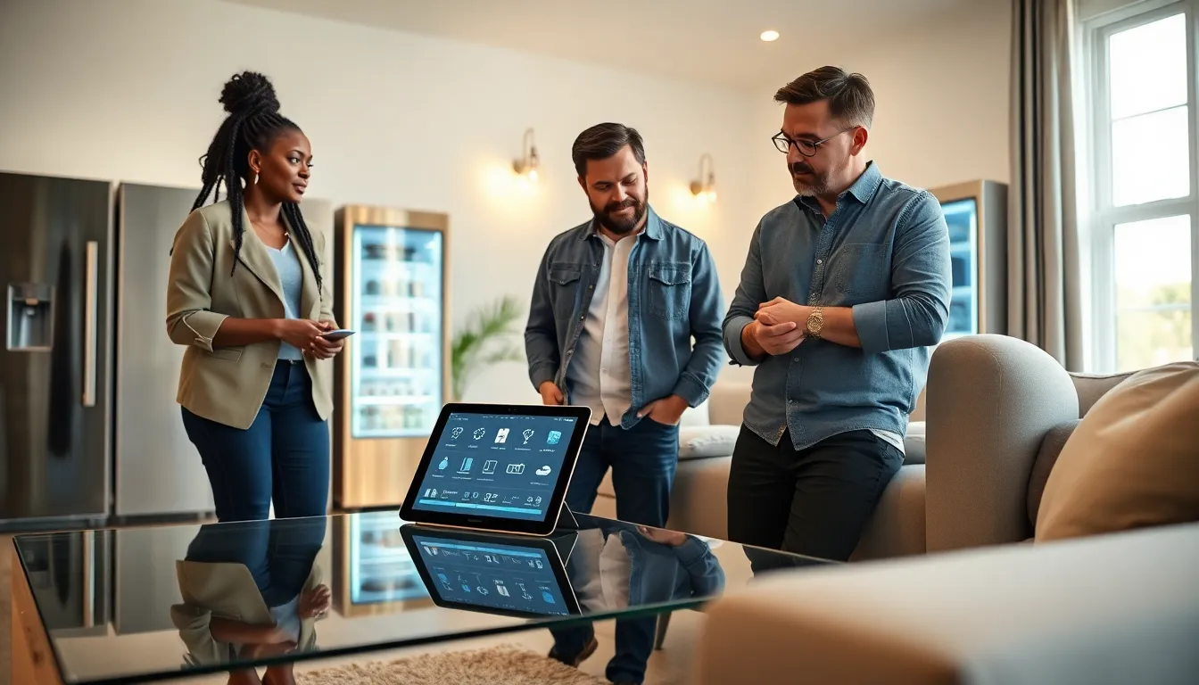 professionals discussing smart home technology in a modern living room.