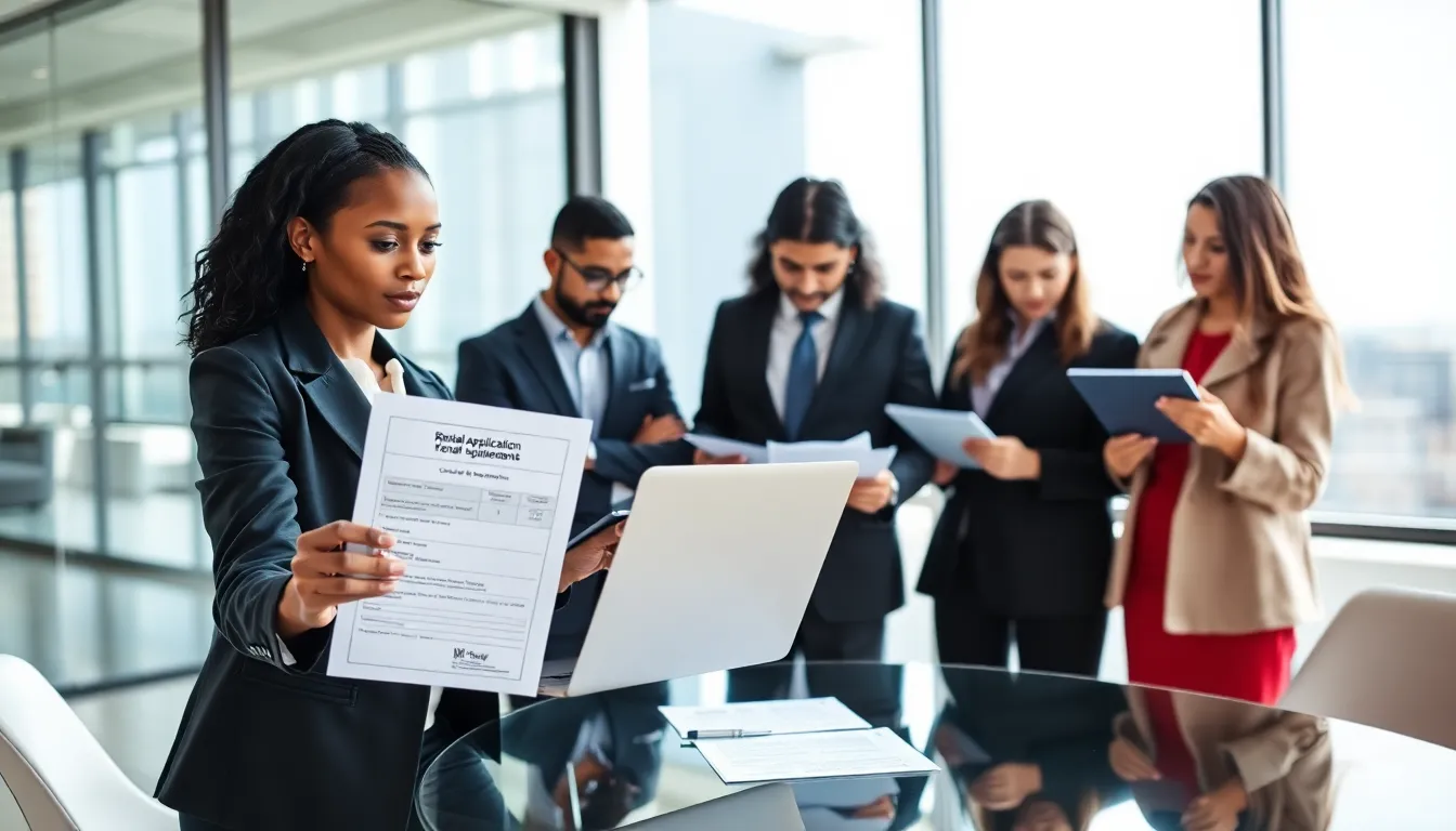 diverse professionals discussing rental application requirements in an office.