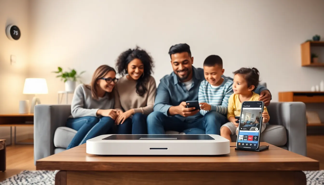 family interacting with smart home devices in a modern living room.